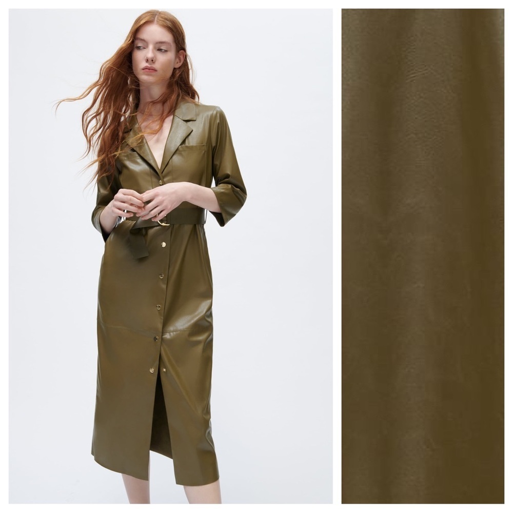NWT. Zara Khaki Faux Leather Shirt Collared Midi Dress. Size XS.